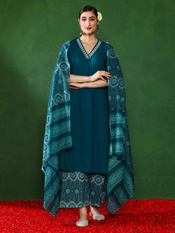 Jaipur Kurti - Solid Embroidered A-Line Kurta with Palazzo and Dupatta (Set of 3)