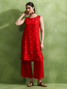 Jaipur Kurti - Red Solid Embroidered Straight Kurta with Palazzo (Set of 2)