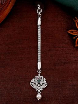 Estele - Rhodium Plated CZ Entwined Peacock Designer Maang Tikka with Pearl for Women