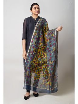 Unnati Silks - Pewter Grey Pure Pen Kalamkari Hand Painted Chanderi Sico Dupatta