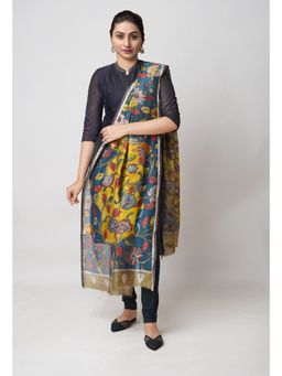 Unnati Silks - Yellow Blue Pure Pen Kalamkari Hand Painted Chanderi Sico Dupatta