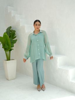 Rabnoor K Sethi - Blue Organza Embroidered Shirt with Slip and Pant (Set of 3)