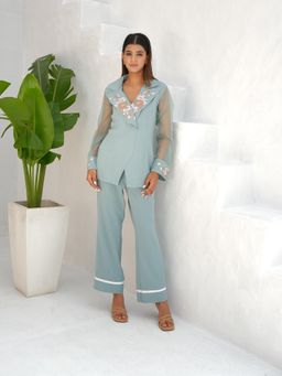 Rabnoor K Sethi - Blue Embellished Peaked lapel Top with Pant (Set of 2)