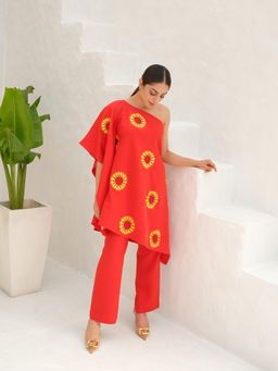 Rabnoor K Sethi - Orange-Tangerine Orange Sunflower Embroidered Kaftan with Pant (Set of 2)