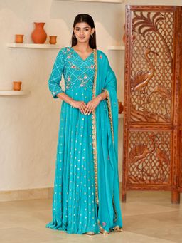 Rabnoor K Sethi - Blue All Over Embellished Beaded Anarkali with Pant and Dupatta (Set of 3)