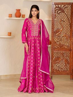 Rabnoor K Sethi - Pink Zardozi and Hand Embroidered Anarkali with Pant and Dupatta (Set of 3)