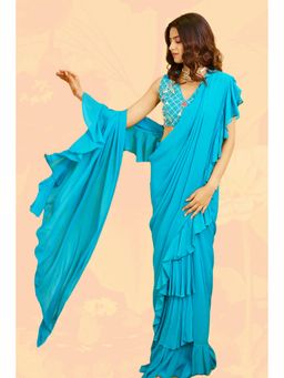 Rabnoor K Sethi - Blue Ruffled Draped Saree with Stitched Blouse