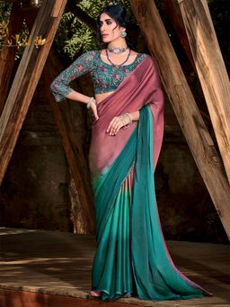 Odette - Womens Chiffon Purple Embellished Designer Saree with Unstitched Blouse