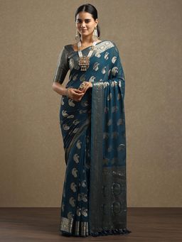 Sareemall - Georgette Teal Woven Design Saree with Unstitched Blouse