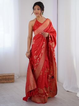 Sareemall - Dola Silk Red Woven Design Saree with Unstitched Blouse
