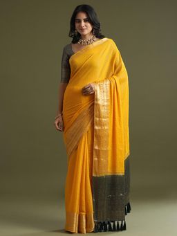 Sareemall - Chiffon Yellow Woven Design Saree with Unstitched Blouse