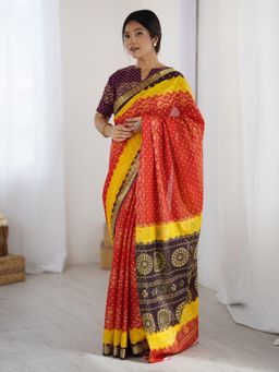 Sareemall - Cotton Red Printed Saree with Unstitched Blouse