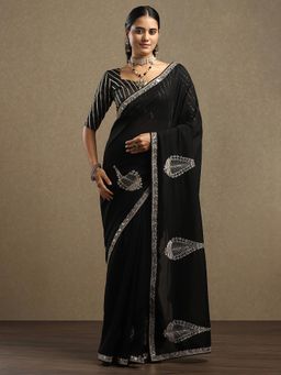 Sareemall - Vichitra Silk Black Embellished Saree with Unstitched Blouse