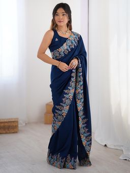 Sareemall - Vichitra Silk Navy Blue Embroidered Saree with Unstitched Blouse