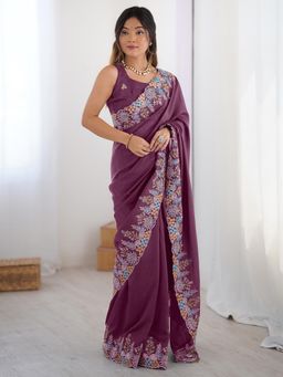 Sareemall - Vichitra Silk Mauve Embroidered Saree with Unstitched Blouse