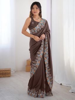 Sareemall - Vichitra Silk Brown Embroidered Saree with Unstitched Blouse