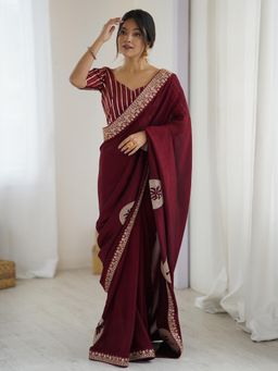 Sareemall - Vichitra Silk Maroon Embellished Saree with Unstitched Blouse