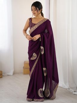Sareemall - Vichitra Silk Purple Embellished Saree with Unstitched Blouse