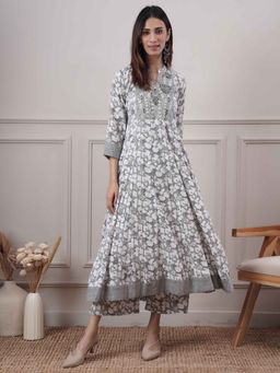 PINKSKY - Grey Embroidered Yoke Printed Kurta
