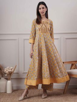 PINKSKY - Yellow Embroidered Yoke Printed Kurta