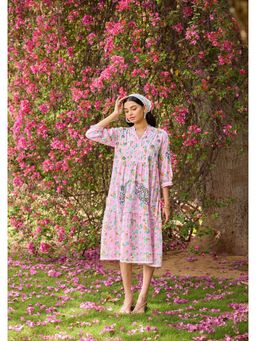 House of Chikankari - Pink Mulmul Chikankari Printed Women's Long Dress
