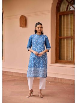 House of Chikankari - Kantha Hand Embellished Denim Printed Straight Kurta-Light Blue