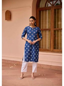 House of Chikankari - Mirror Work Denim Printed Women's Straight Kurta - Blue