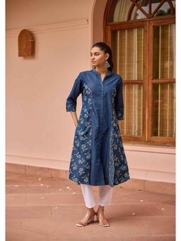 House of Chikankari - Kantha Hand Embellished Denim Printed A-Line Kurta Blue