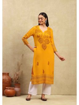 House of Chikankari - Rayon Chikankari Printed Women's Long Kurta - Mustard