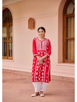 House of Chikankari - Cotton Chikankari Solid Women's Long Kurta - Red