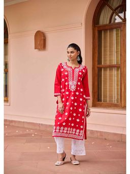 House of Chikankari - Red Cotton Chikankari Solid Women's Long Kurta