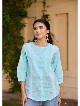House of Chikankari - Blue Cotton Chikankari Solid Women's Top