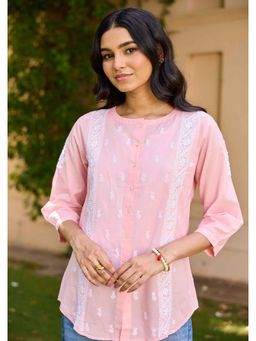 House of Chikankari - Pink Cotton Chikankari Solid Women's Top