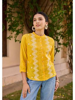 House of Chikankari - Yellow Cotton Chikankari Solid Women's Top