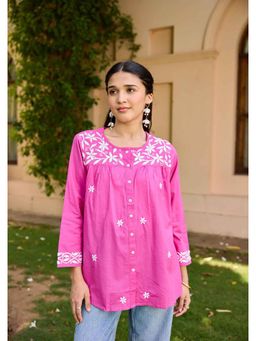 House of Chikankari - Cotton Chikankari Solid Women's Top - Pink