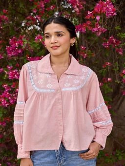 House of Chikankari - Pink Cotton Linen Blend Chikankari Solid Women's Shirt