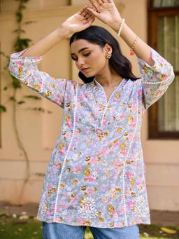House of Chikankari - Grey Cotton Chikankari Printed Women's Kurti