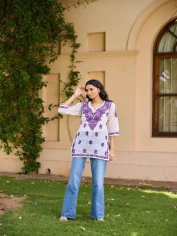 House of Chikankari - Purple Kota Chikankari Solid Women's Kurti with Lining (Set of 2)