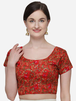 Amrutam Fab - Womens Embroidered And Sequins Work Red Silk Stiched Blouse With Round Neck