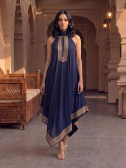 House of Fett - Navy Blue Antares Leather Patchwork Embroidery Dress
