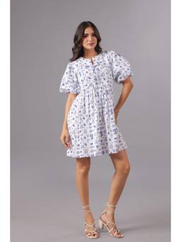 June 9 Clothing - White Balloon Sleeve Mini Dress In Ocean Print