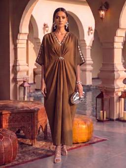 House of Fett - Brown Desert Leather Patchwork Embroidered Dress