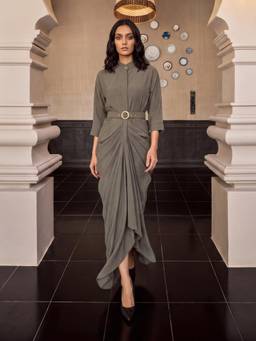 House of Fett - Grey Dove Waldorf Pleated Dress with Belt
