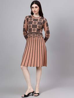 MODKLINE WITH MK - Peach Women's Round Neck Floral Midi Dress