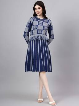 MODKLINE WITH MK - Blue Women's Round Neck Floral Midi Dress