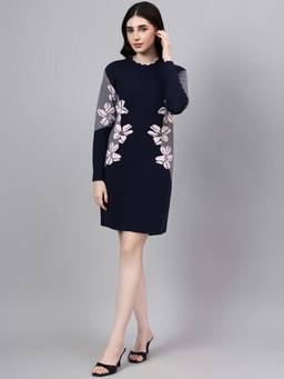 MODKLINE WITH MK - Navy Blue Women's Floral Knit Mini Dress