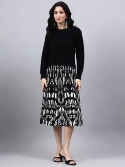 MODKLINE WITH MK - Black Women's Abstract Design with Acrylic Wool Knitted Jumper Dress