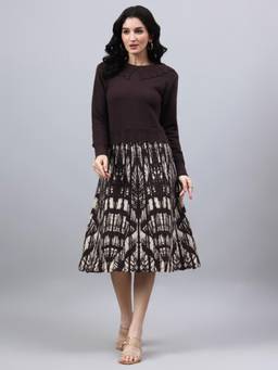 MODKLINE WITH MK - Brown Women's Abstract Design with Acrylic Wool Knitted Jumper Dress