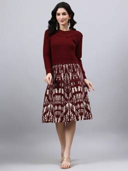 MODKLINE WITH MK - Maroon Women's Abstract Design with Acrylic Wool Knitted Jumper Dress
