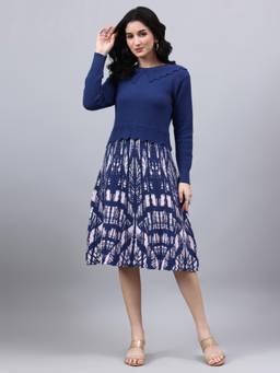 MODKLINE WITH MK - Blue Women's Abstract Design with Acrylic Wool Knitted Jumper Dress